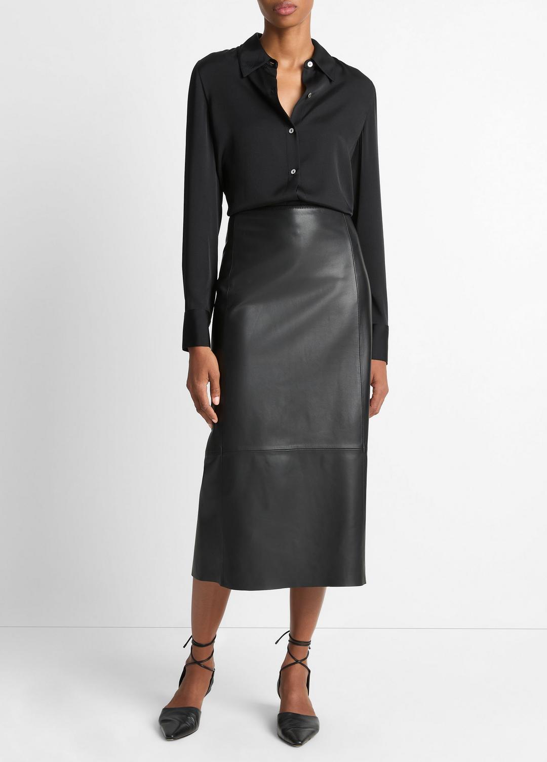 VINCE | Silk-Blend Slim Button-Front Blouse in Long Sleeve - BLACK