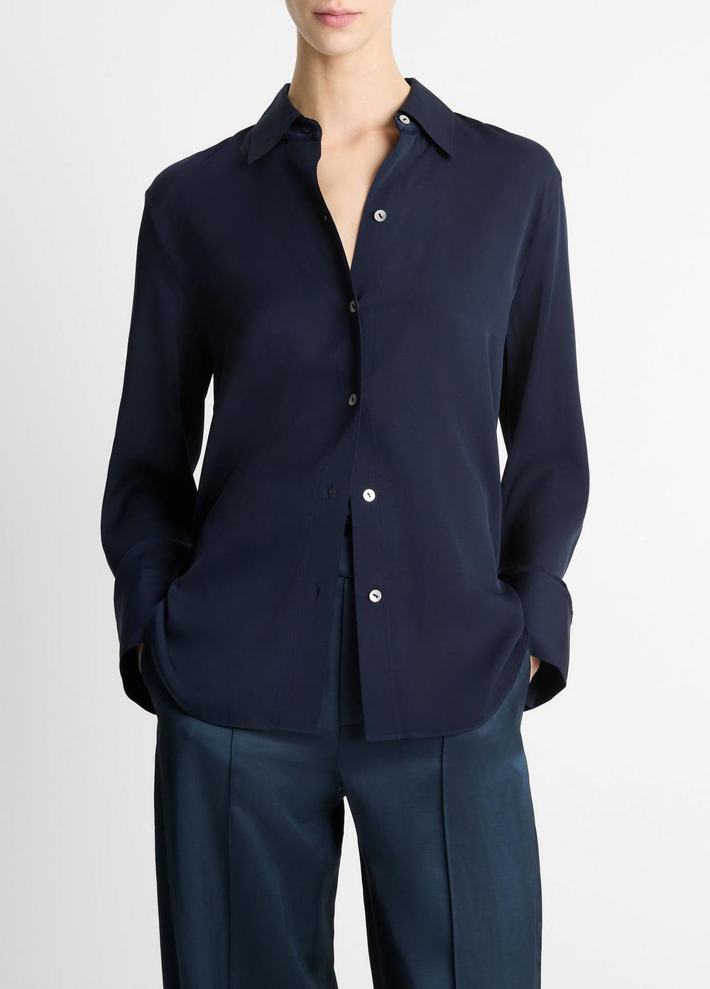 VINCE | Stretch-Silk Button-Front Blouse in Long Sleeve - COASTAL BLUE