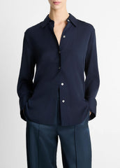 VINCE | Stretch-Silk Button-Front Blouse in Long Sleeve - COASTAL BLUE