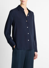 VINCE | Stretch-Silk Button-Front Blouse in Long Sleeve - COASTAL BLUE