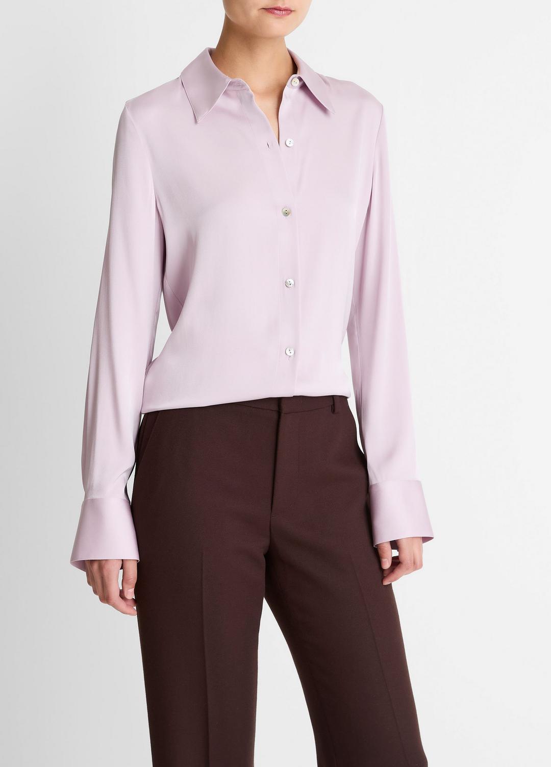 VINCE | Silk-Blend Slim Button-Front Blouse in Long Sleeve - IRIS QUARTZ