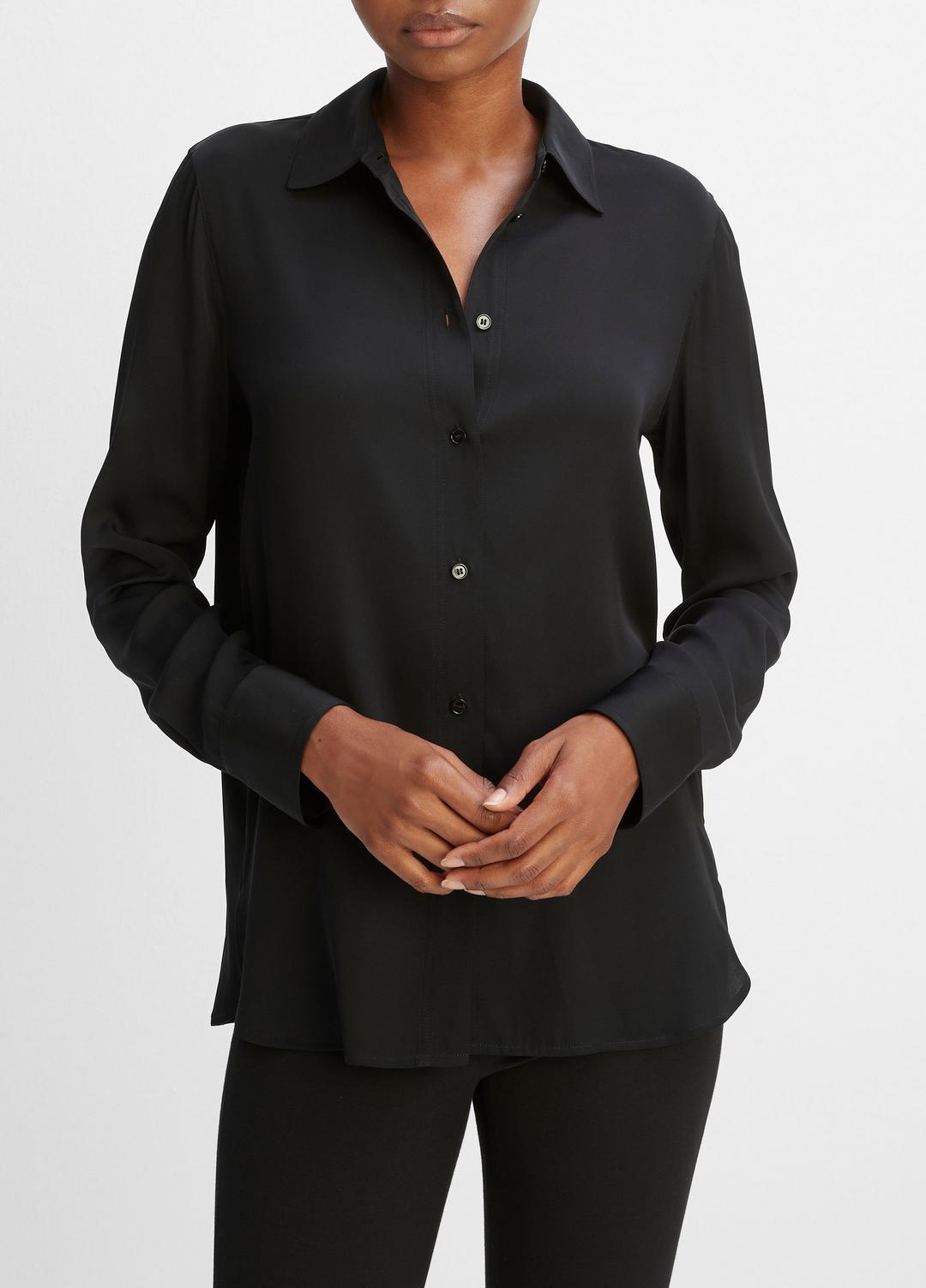 VINCE | Slim Fitted Stretch-Silk Blouse in Long Sleeve - BLACK