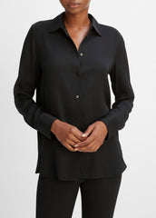 VINCE | Slim Fitted Stretch-Silk Blouse in Long Sleeve - BLACK