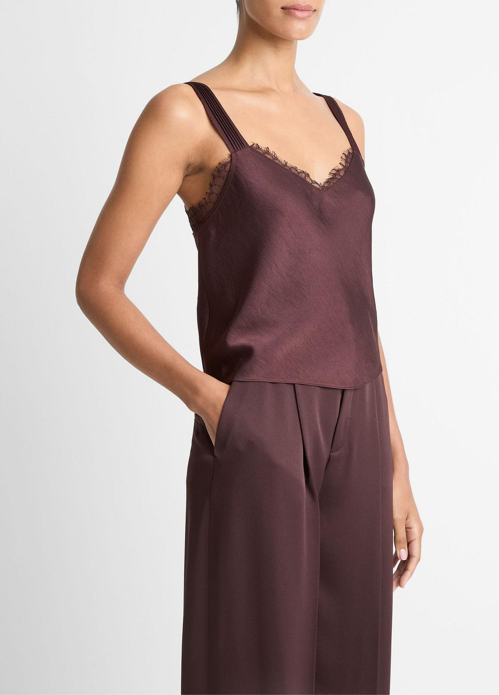 VINCE | Lace-Trim Satin Camisole in Tank Tops - FIG