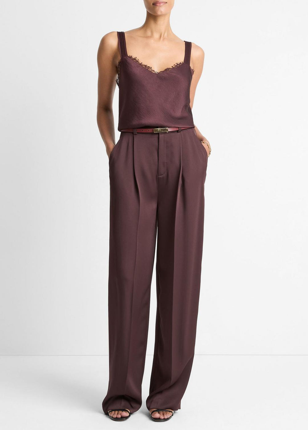 VINCE | Lace-Trim Satin Camisole in Tank Tops - FIG