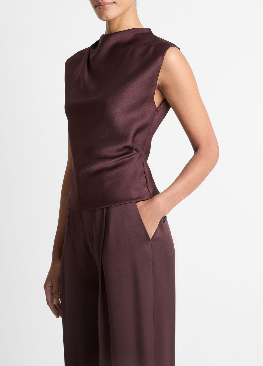 VINCE | Satin Draped Cowl-Neck Top in Tank Tops - FIG