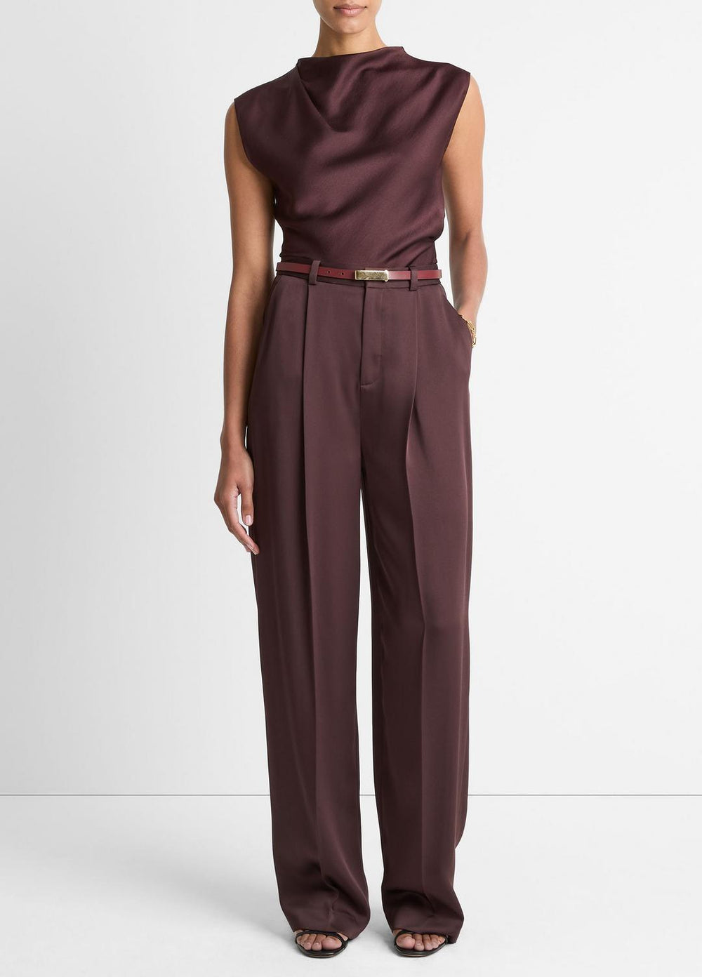 VINCE | Satin Draped Cowl-Neck Top in Tank Tops - FIG