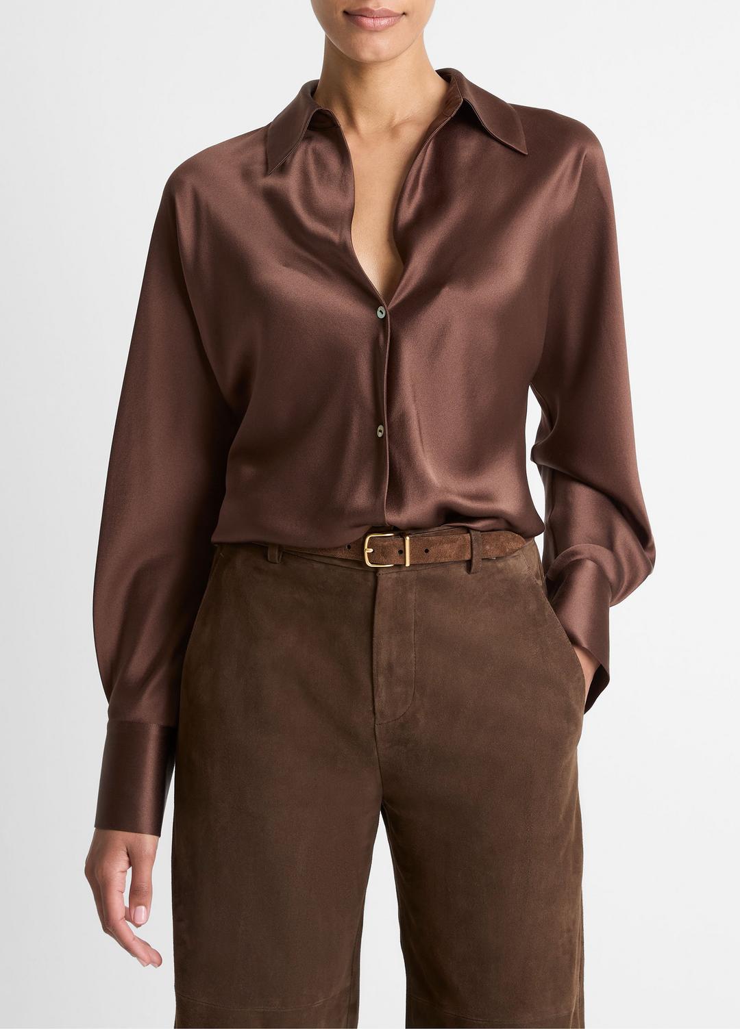 VINCE | Silk Bias Long-Sleeve Blouse in Long Sleeve - ESPRESSO