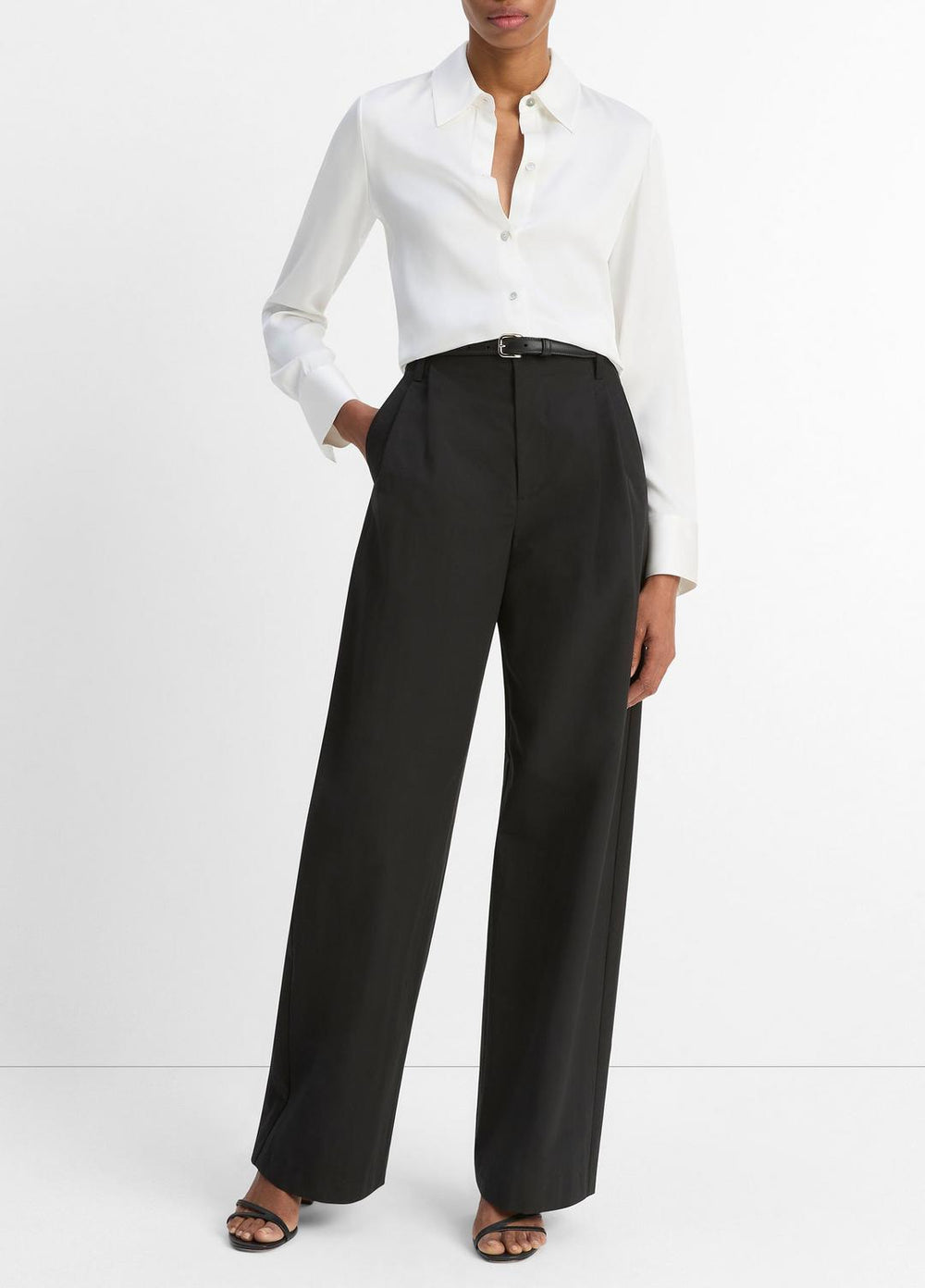 VINCE | Silk-Blend Slim Button-Front Blouse in Long Sleeve - OFF WHITE