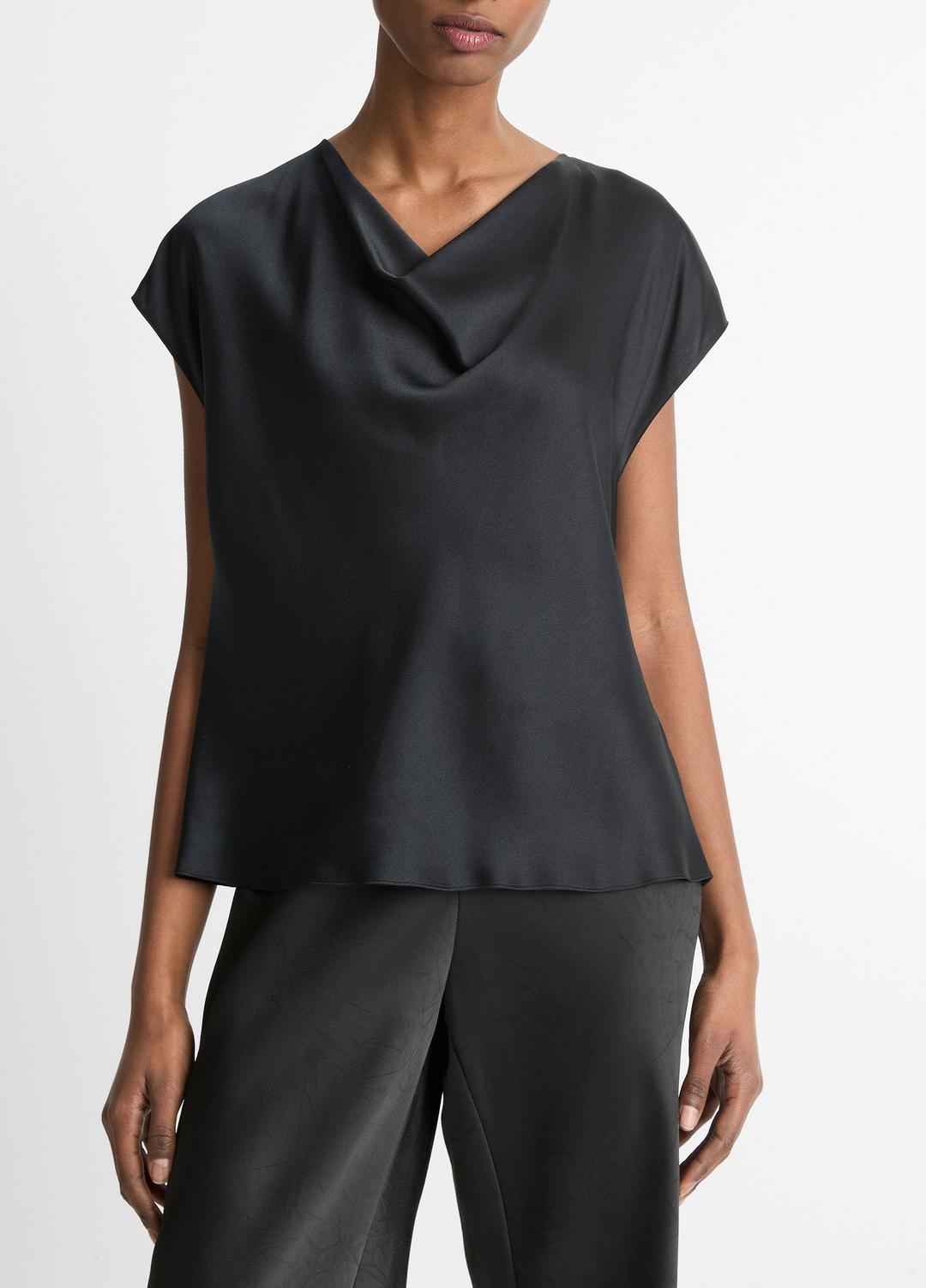 VINCE | Silk Cowl-Neck Blouse in Short Sleeve - BLACK