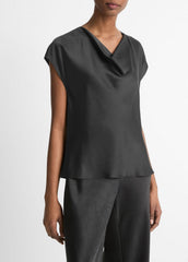 VINCE | Silk Cowl-Neck Blouse in Short Sleeve - BLACK