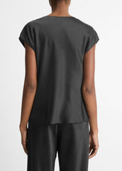 VINCE | Silk Cowl-Neck Blouse in Short Sleeve - BLACK