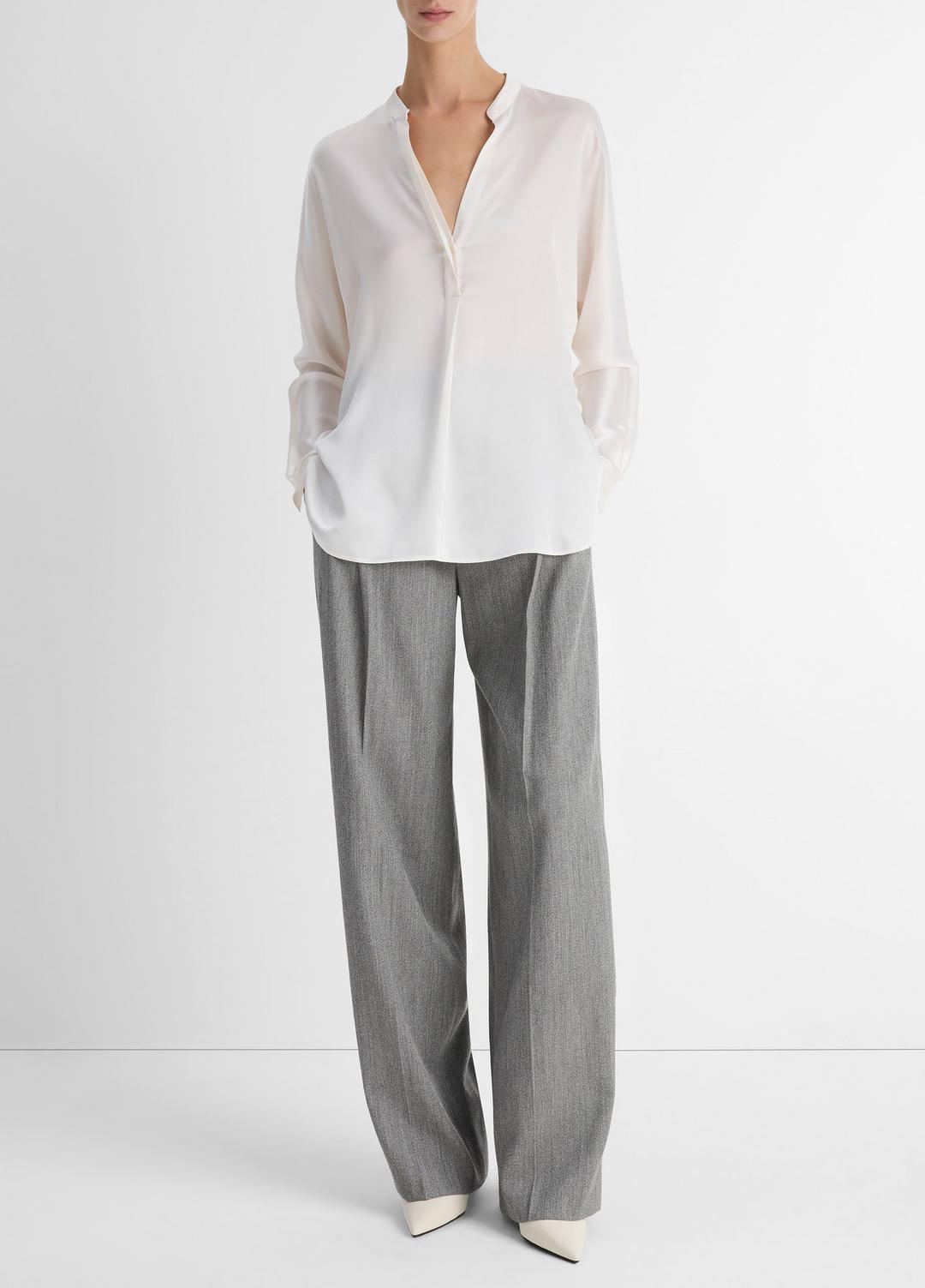 VINCE | Silk Satin Band-Collar Blouse in Long Sleeve - OPTIC WHITE