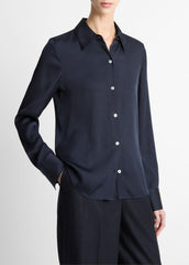 VINCE | Silk-Blend Slim Button-Front Blouse in Long Sleeve - COASTAL BLUE