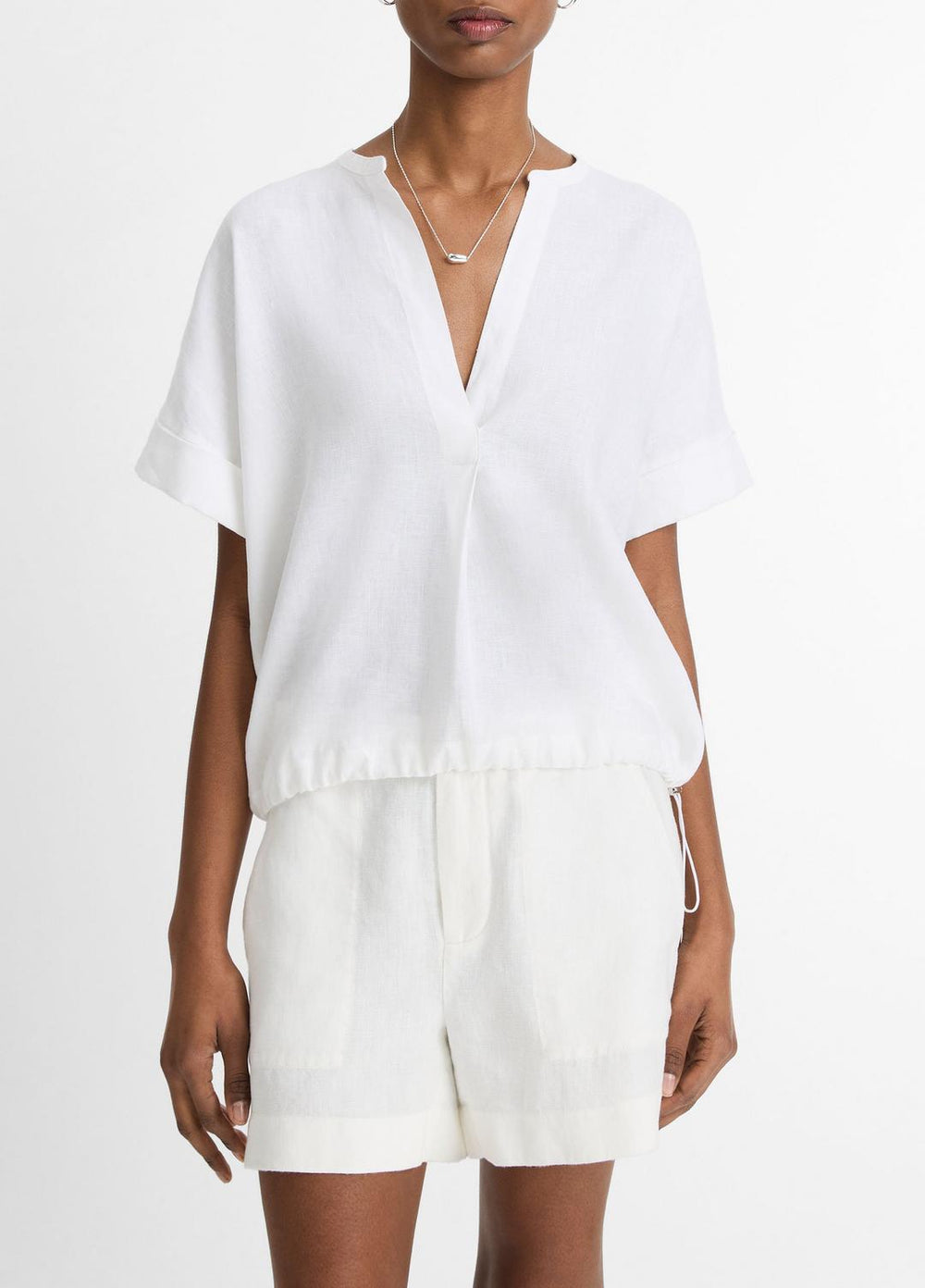 VINCE | Linen Drawcord-Hem Blouse in Short Sleeve - OPTIC WHITE