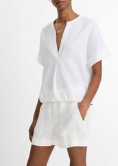 VINCE | Linen Drawcord-Hem Blouse in Short Sleeve - OPTIC WHITE