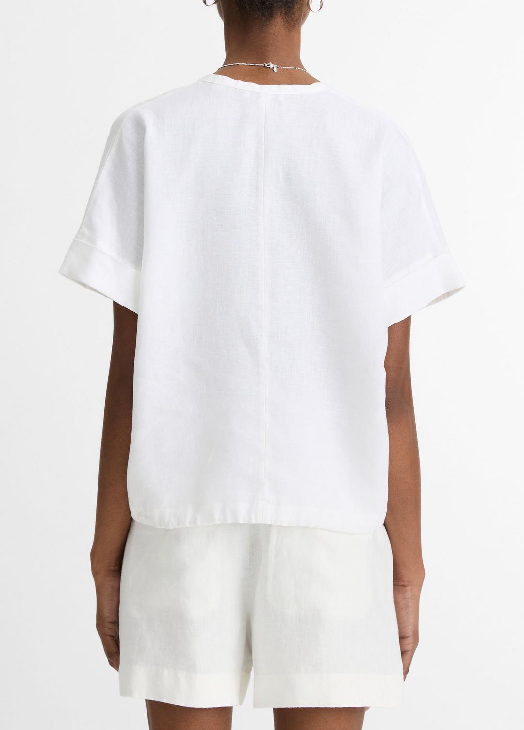 VINCE | Linen Drawcord-Hem Blouse in Short Sleeve - OPTIC WHITE