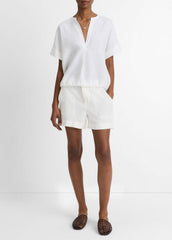 VINCE | Linen Drawcord-Hem Blouse in Short Sleeve - OPTIC WHITE