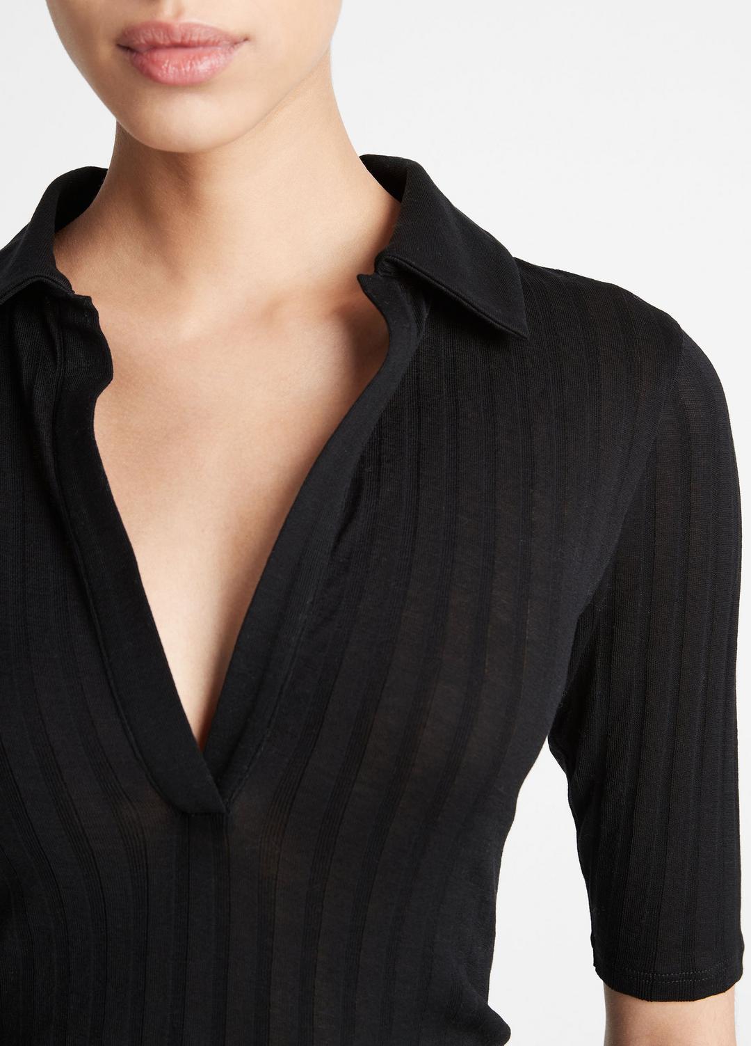 VINCE | Cotton Elbow-Sleeve Polo Shirt in Short Sleeve - BLACK