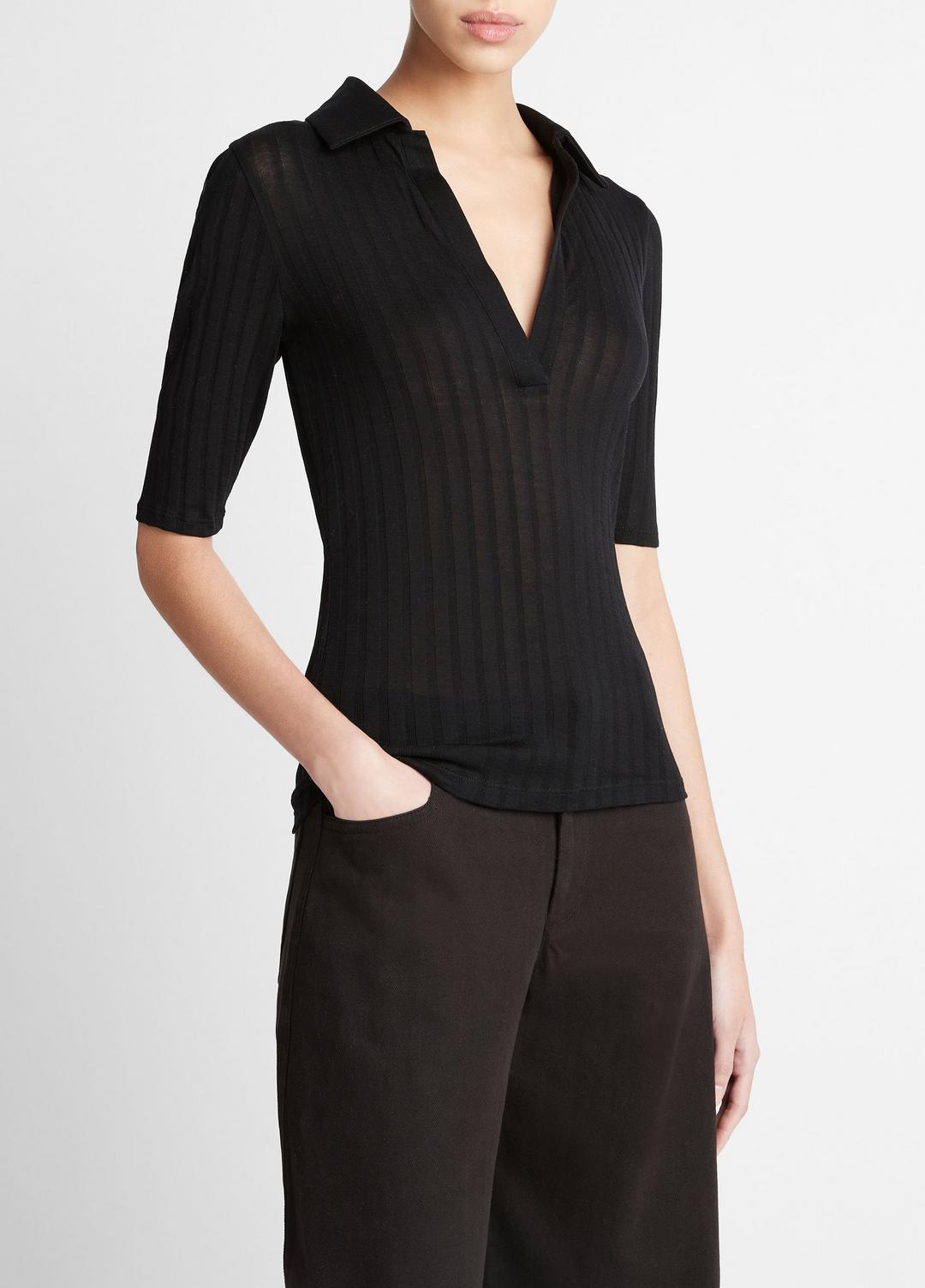 VINCE | Cotton Elbow-Sleeve Polo Shirt in Short Sleeve - BLACK
