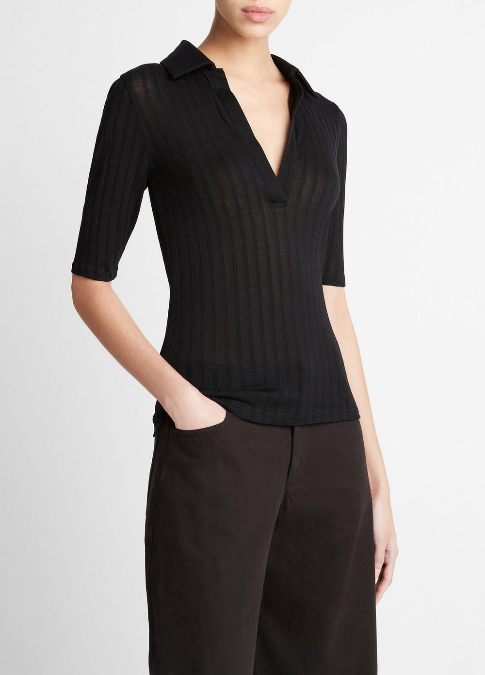 VINCE | Cotton Elbow-Sleeve Polo Shirt in Short Sleeve - BLACK