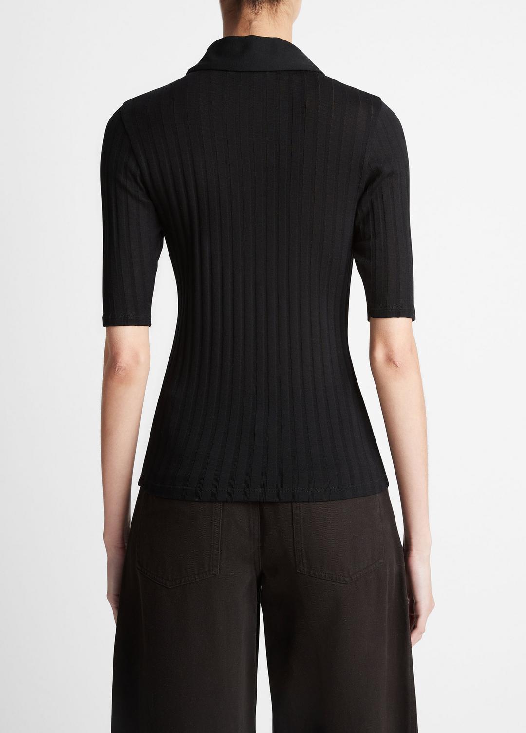 VINCE | Cotton Elbow-Sleeve Polo Shirt in Short Sleeve - BLACK