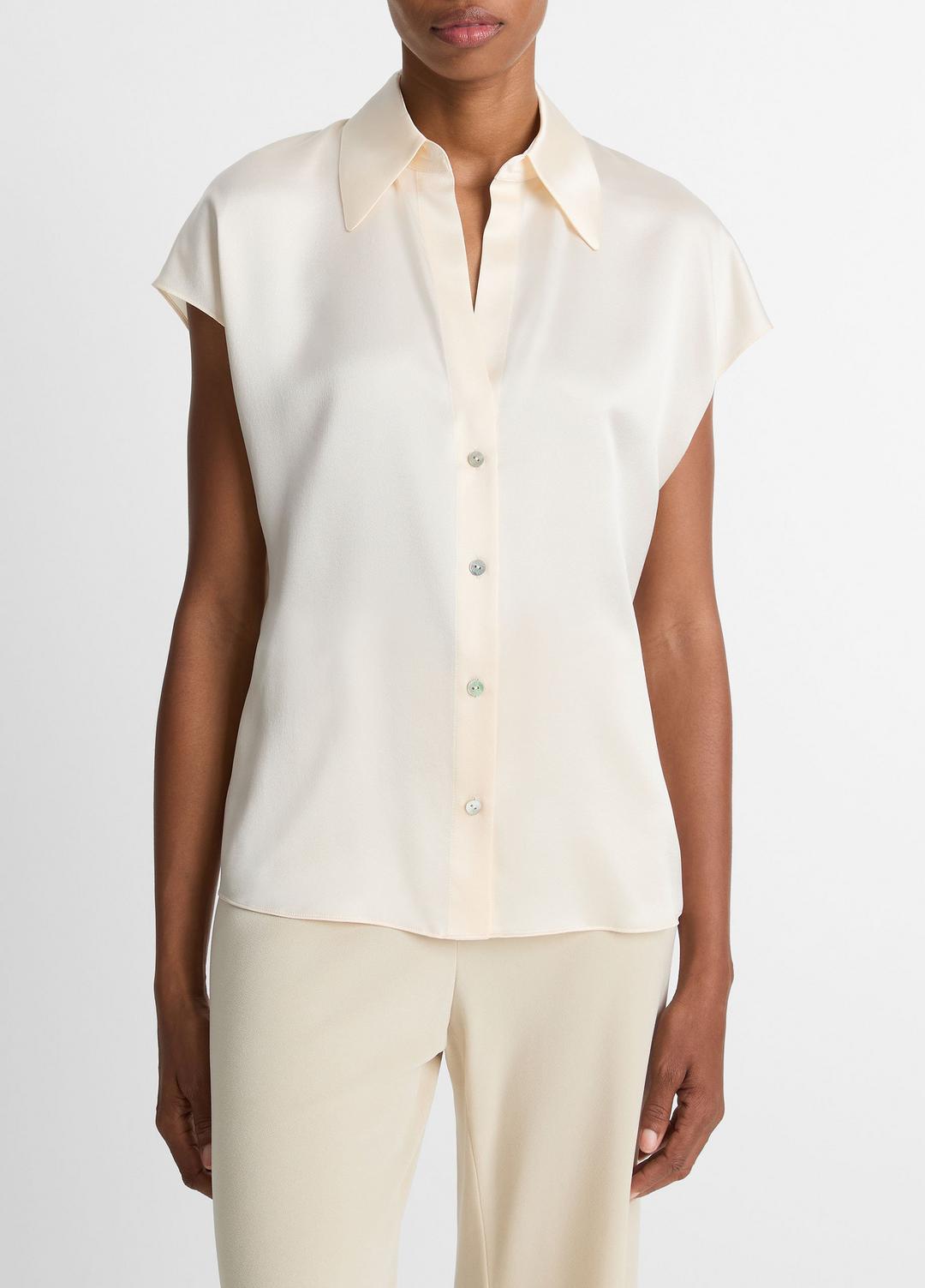 VINCE | Silk Cap-Sleeve Ruched-Back Blouse in Short Sleeve - CHIFFON