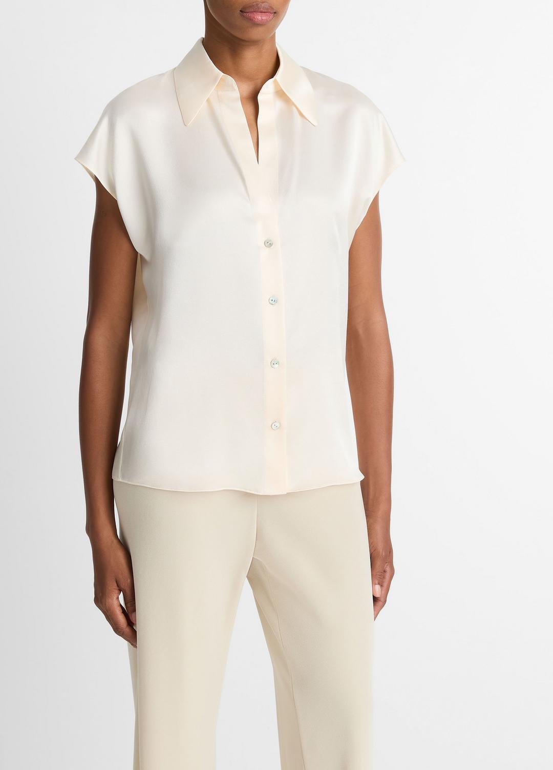 VINCE | Silk Cap-Sleeve Ruched-Back Blouse in Short Sleeve - CHIFFON