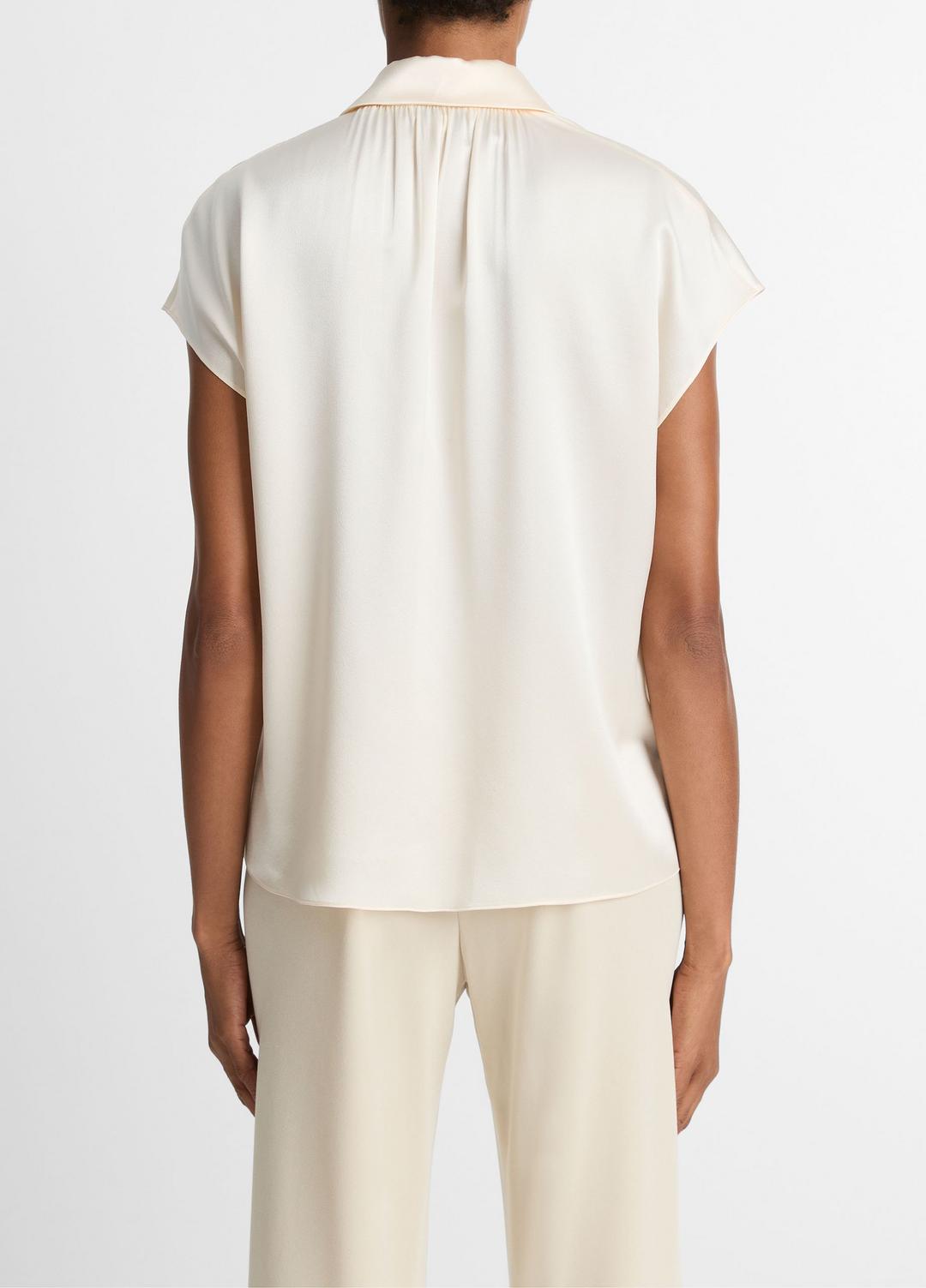 VINCE | Silk Cap-Sleeve Ruched-Back Blouse in Short Sleeve - CHIFFON