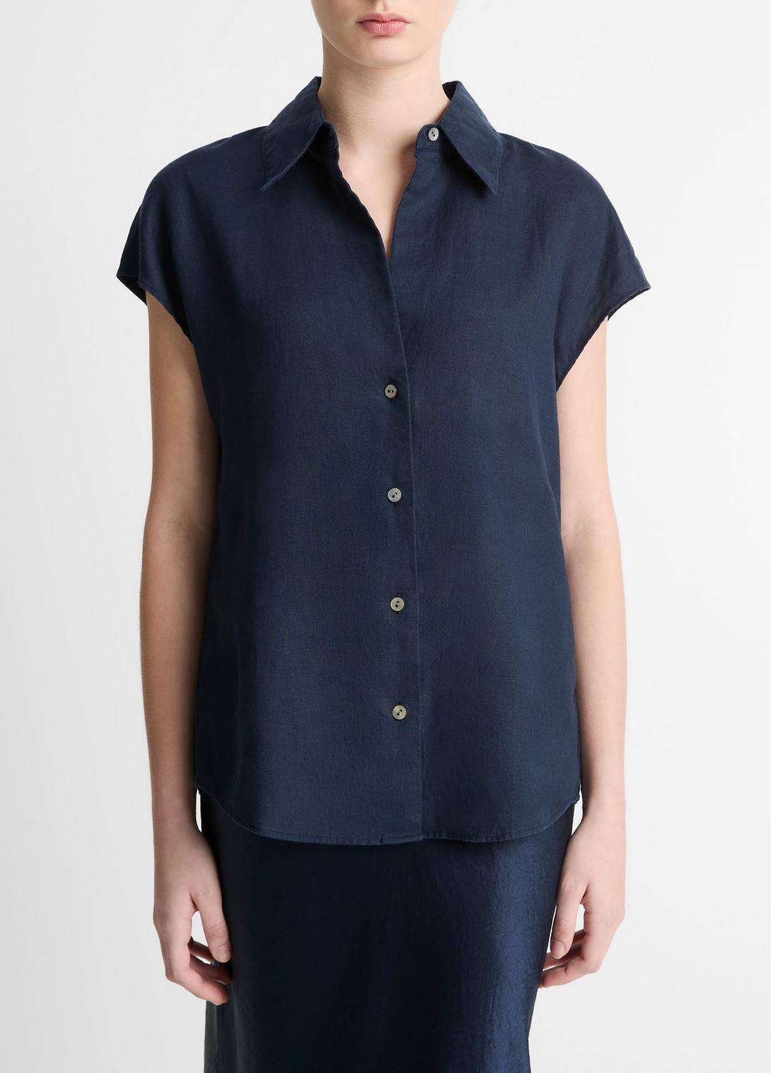 VINCE | Linen Cap-Sleeve Button-Front Blouse in Short Sleeve - COASTAL BLUE
