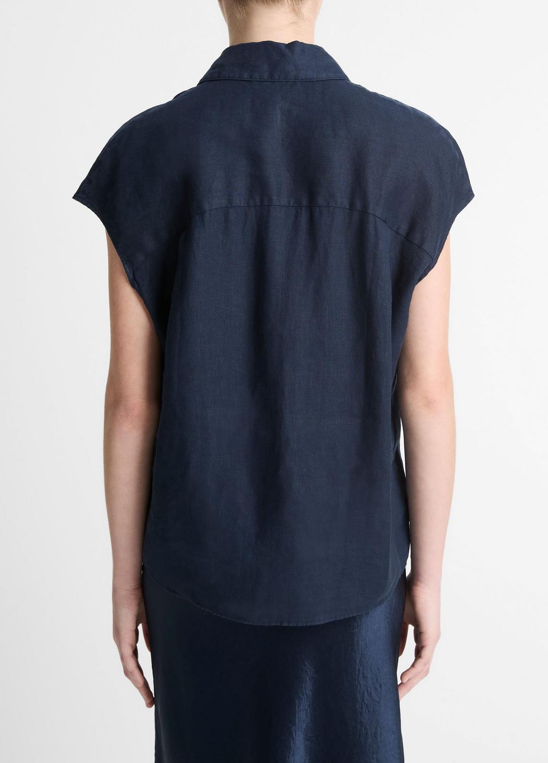 VINCE | Linen Cap-Sleeve Button-Front Blouse in Short Sleeve - COASTAL BLUE
