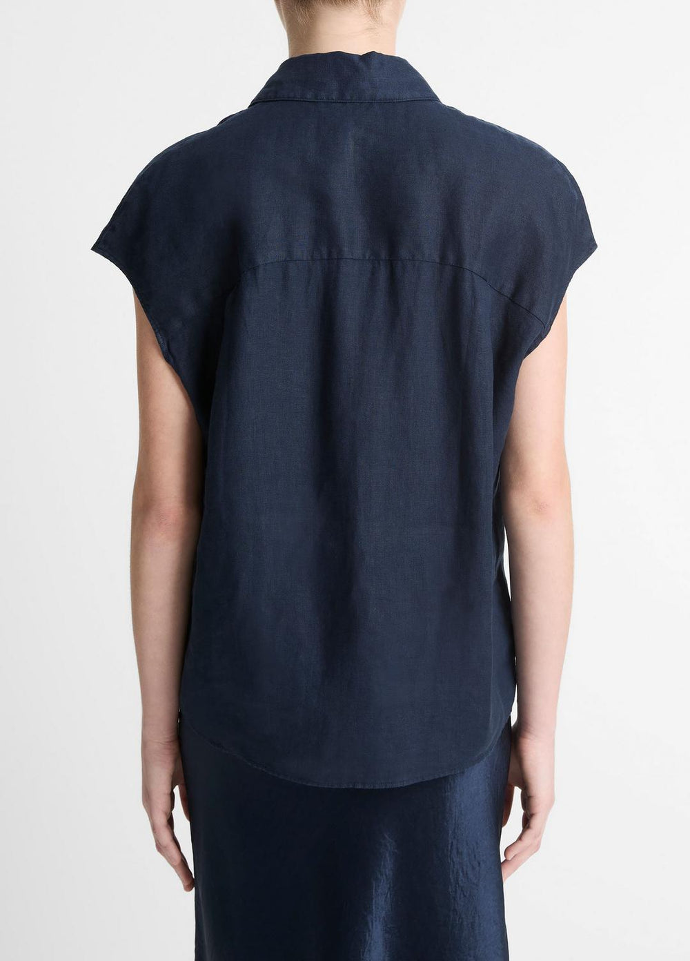 VINCE | Linen Cap-Sleeve Button-Front Blouse in Short Sleeve - COASTAL BLUE