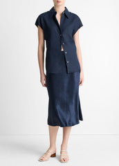 VINCE | Linen Cap-Sleeve Button-Front Blouse in Short Sleeve - COASTAL BLUE