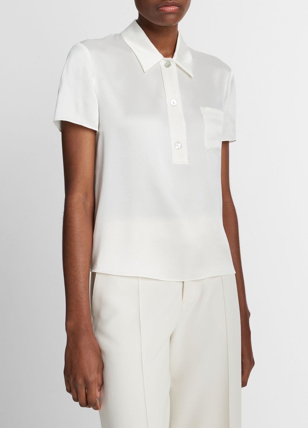 VINCE | Silk Short-Sleeve Polo Shirt in Short Sleeve - OFF WHITE