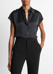 VINCE | Silk Cap-Sleeve Ruched-Back Blouse in Short Sleeve - BLACK