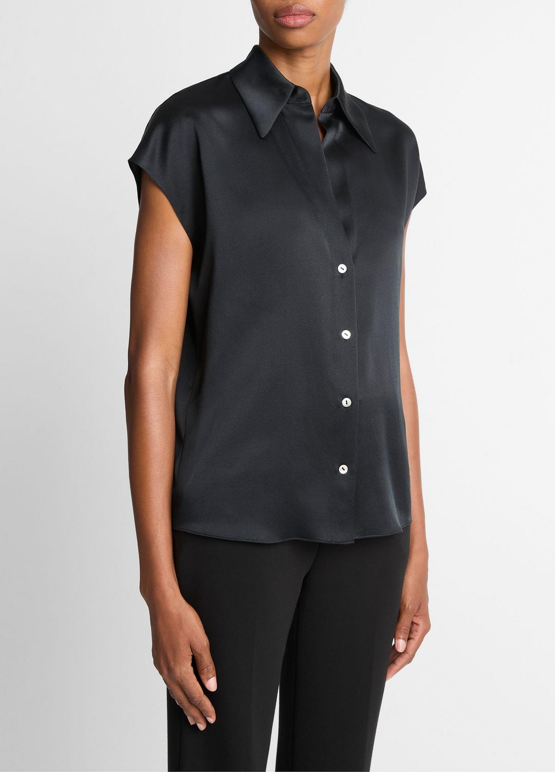 VINCE | Silk Cap-Sleeve Ruched-Back Blouse in Short Sleeve - BLACK