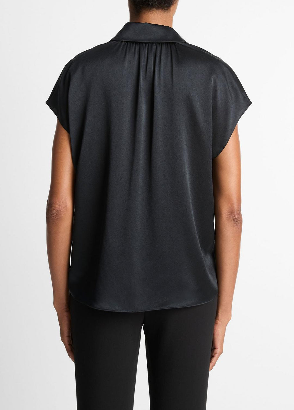 VINCE | Silk Cap-Sleeve Ruched-Back Blouse in Short Sleeve - BLACK