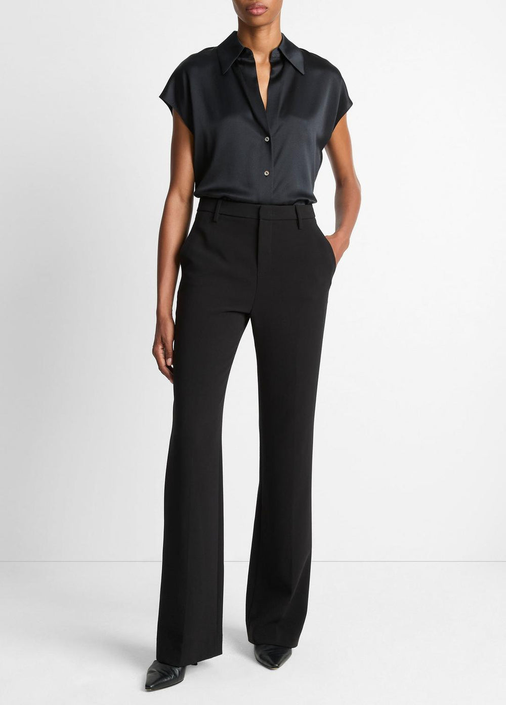 VINCE | Silk Cap-Sleeve Ruched-Back Blouse in Short Sleeve - BLACK