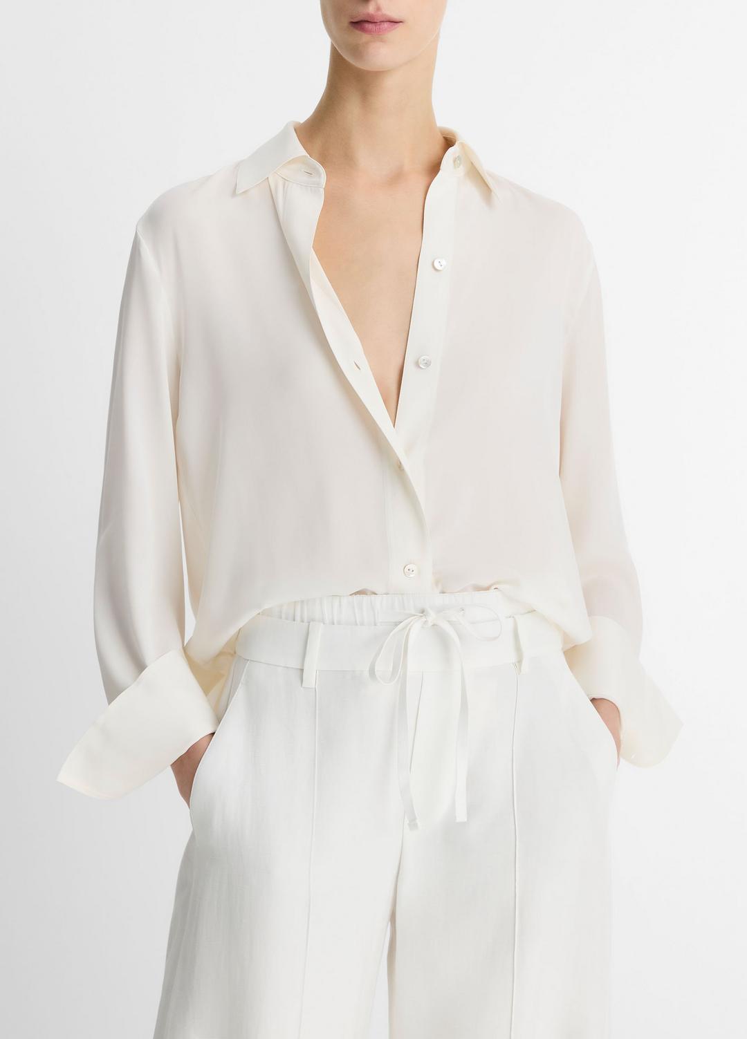 VINCE | Stretch-Silk Button-Front Blouse in Long Sleeve - OFF WHITE
