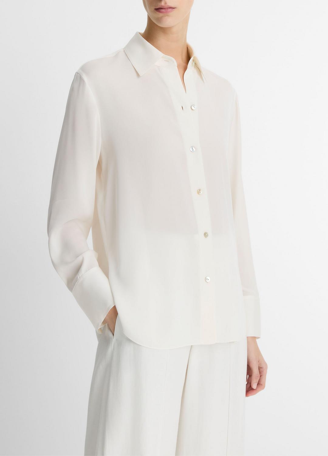 VINCE | Stretch-Silk Button-Front Blouse in Long Sleeve - OFF WHITE