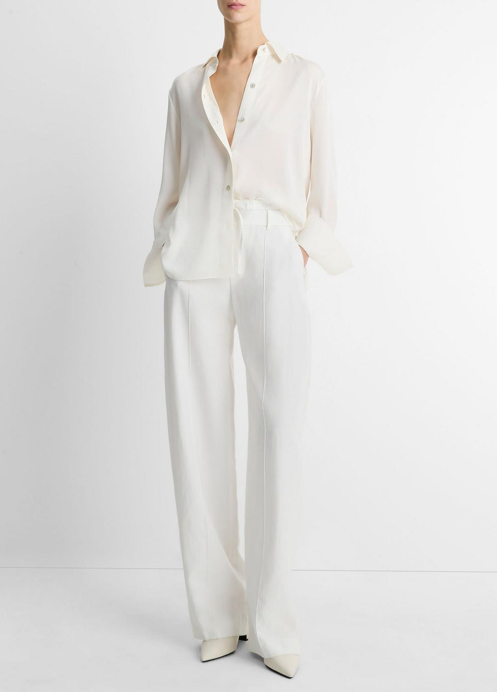 VINCE | Stretch-Silk Button-Front Blouse in Long Sleeve - OFF WHITE