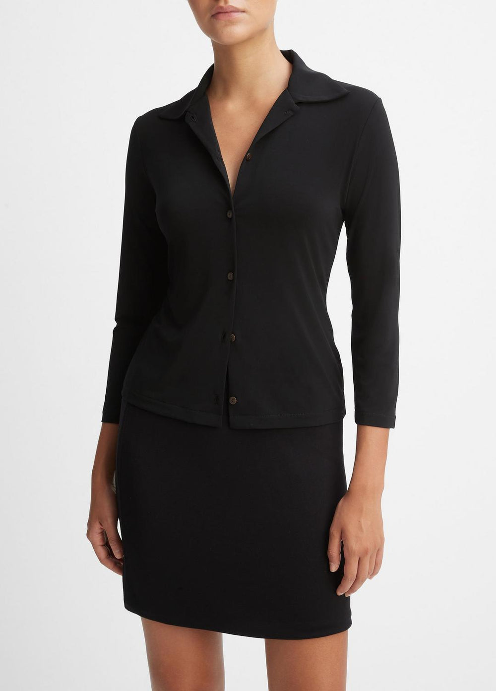 VINCE | Three-Quarter-Sleeve Button-Front Polo Top in Long Sleeve - BLACK