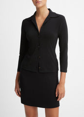 VINCE | Three-Quarter-Sleeve Button-Front Polo Top in Long Sleeve - BLACK