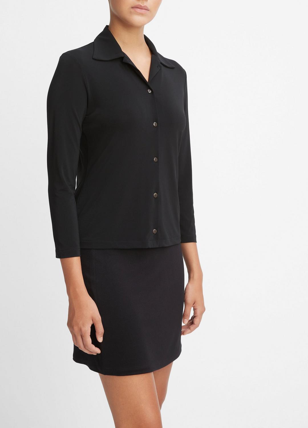 VINCE | Three-Quarter-Sleeve Button-Front Polo Top in Long Sleeve - BLACK