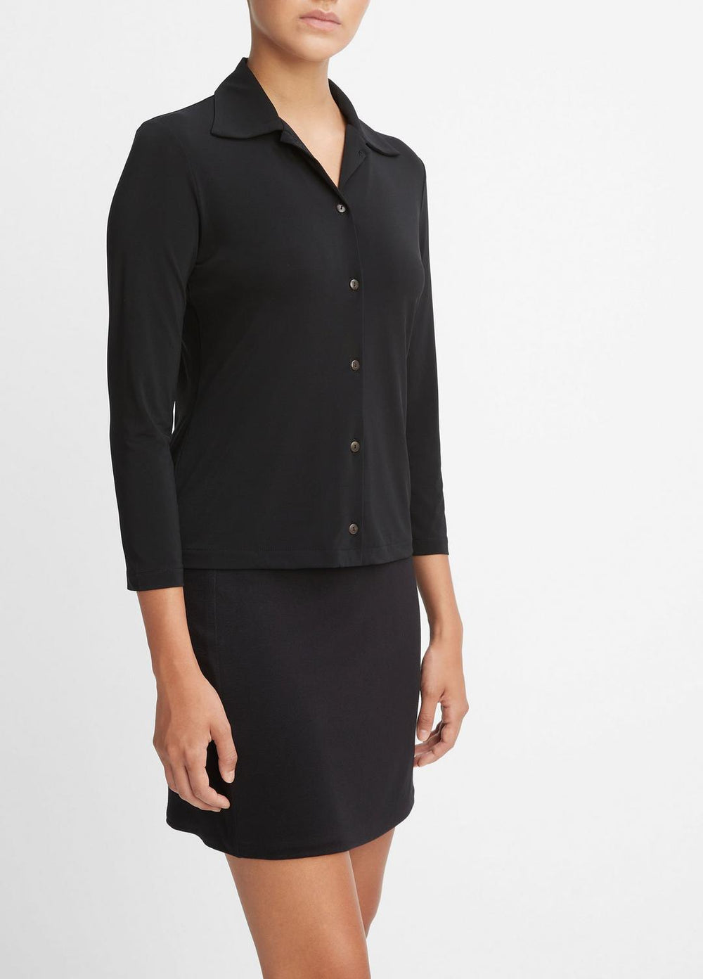 VINCE | Three-Quarter-Sleeve Button-Front Polo Top in Long Sleeve - BLACK