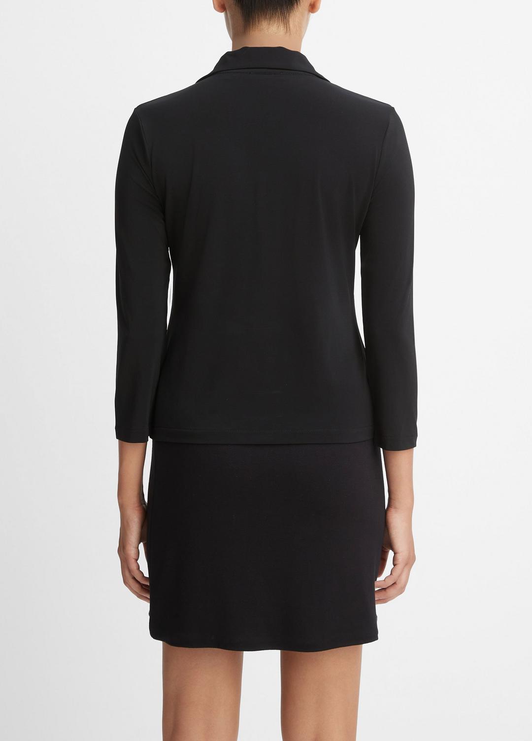 VINCE | Three-Quarter-Sleeve Button-Front Polo Top in Long Sleeve - BLACK
