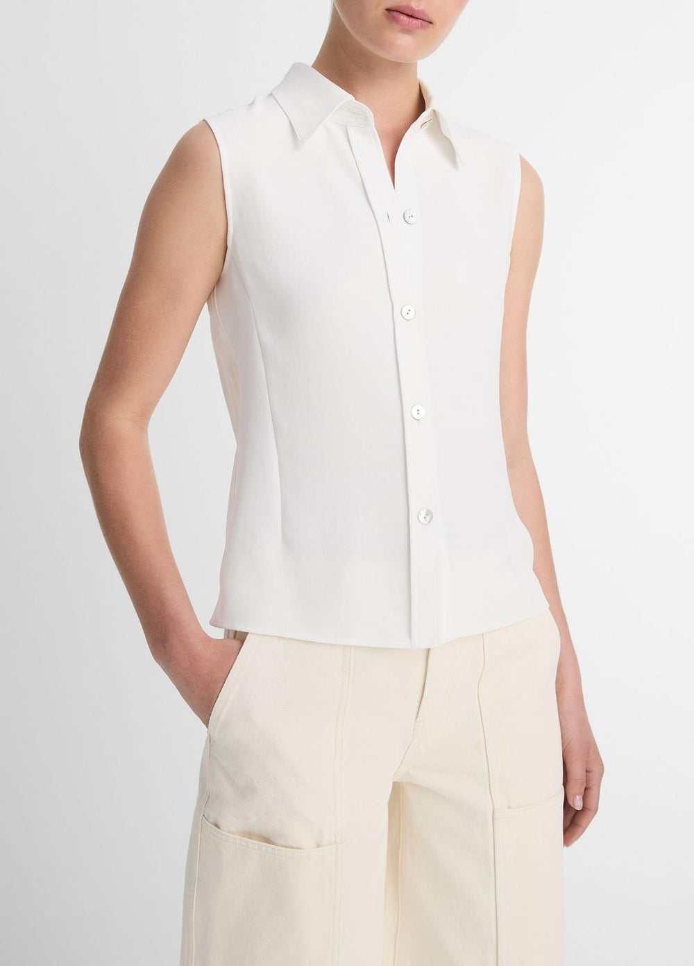 VINCE | Sleeveless Button-Front Shirt in Short Sleeve - OFF WHITE