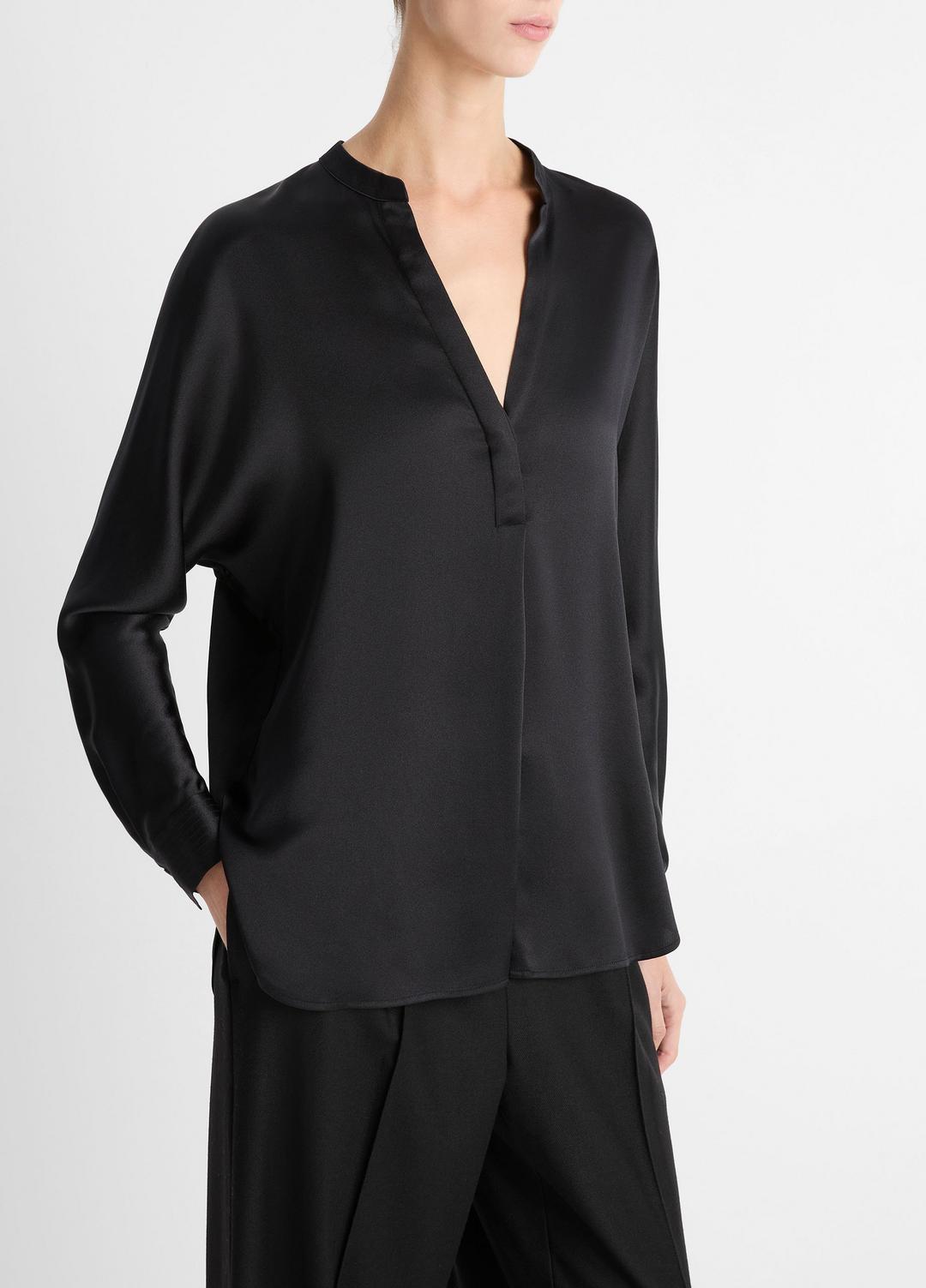 VINCE | Silk Satin Band-Collar Blouse in Long Sleeve - BLACK
