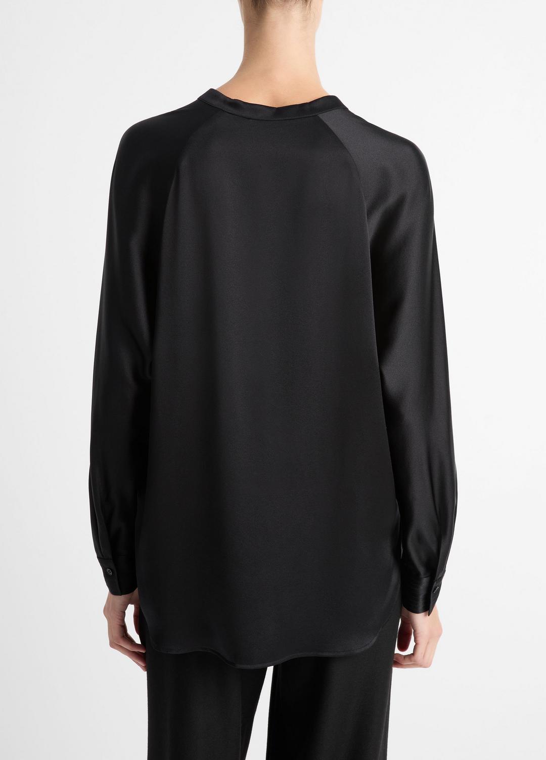 VINCE | Silk Satin Band-Collar Blouse in Long Sleeve - BLACK