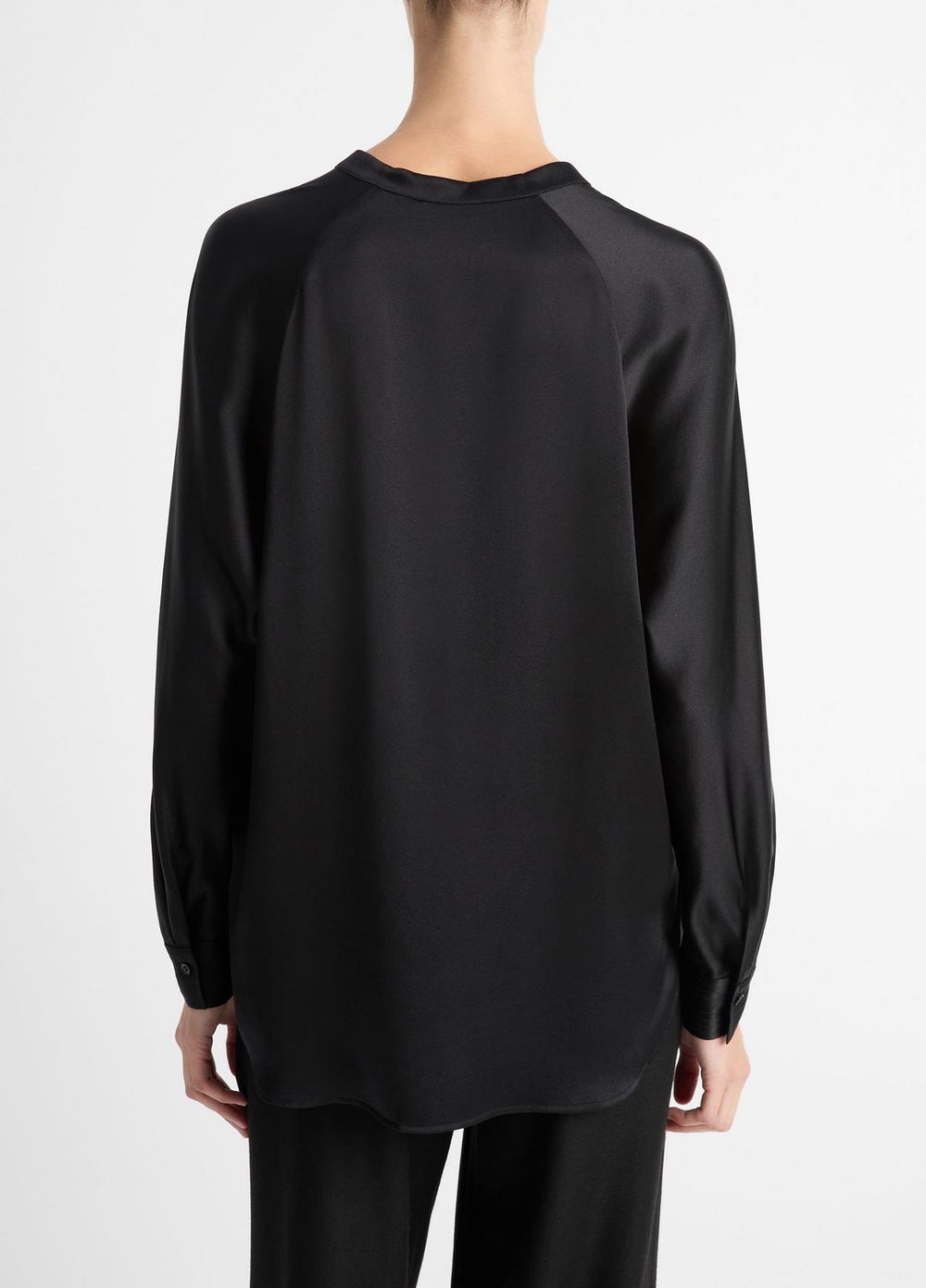 VINCE | Silk Satin Band-Collar Blouse in Long Sleeve - BLACK